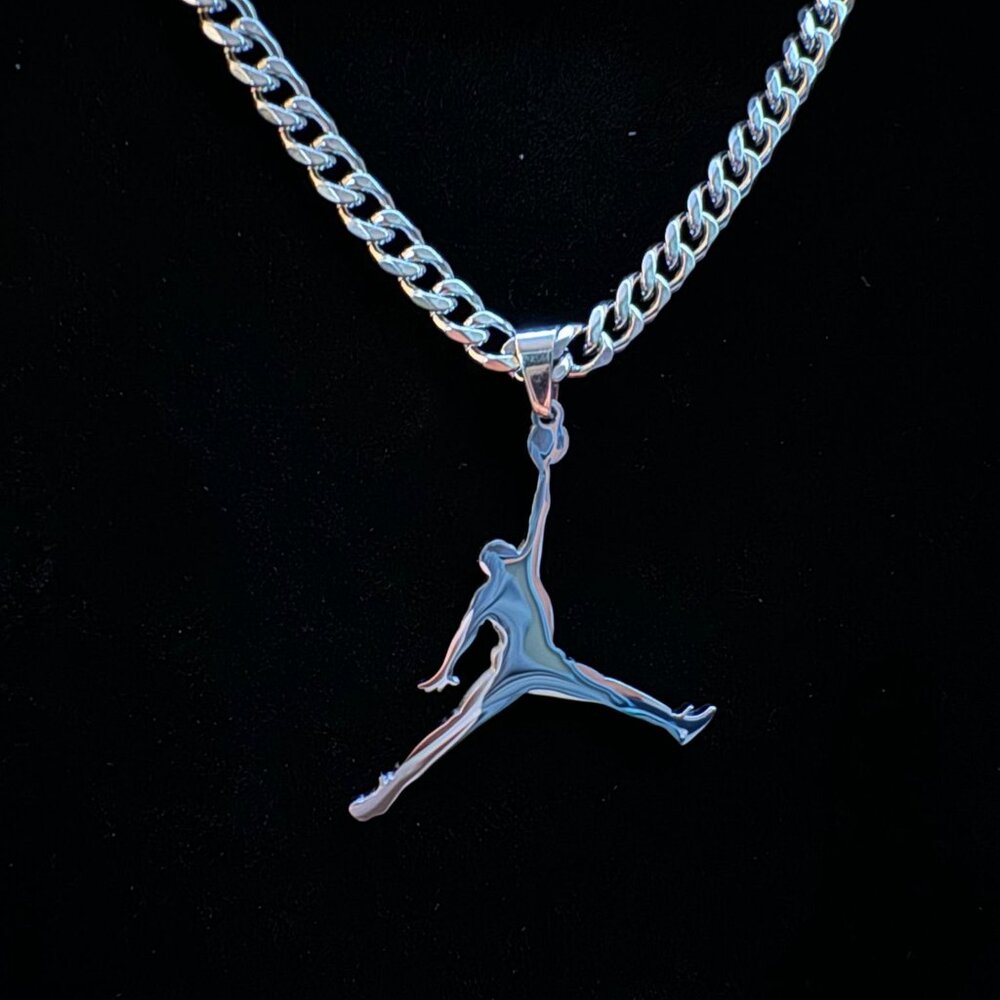 Jordan Jump man Pendant Necklace - MJ - Silver Plated - 22" Cuban Chain